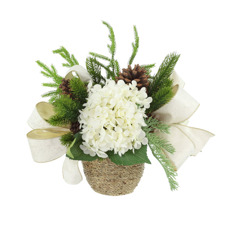 Two Holiday Hydrangea Arrangements with Evergreen and Bows, White/Cream/Burgundy