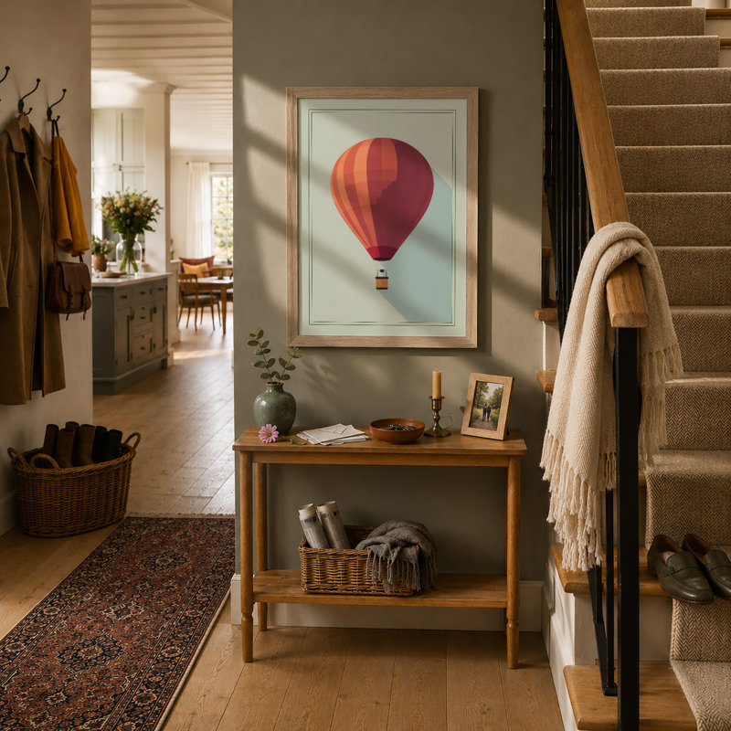 Hot Air Balloon Rising Geometric - Framed Print, A1 - 84.1 x 59.4 cm, Oak