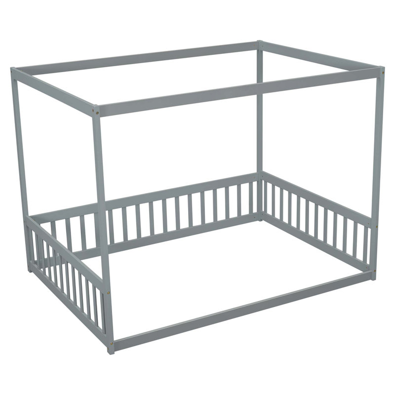 Canopy Frame Floor Bed With Fence, Guardrails, Gray, Twin