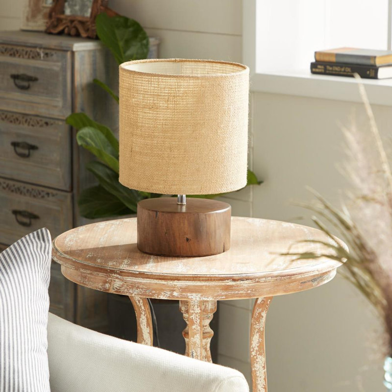 Lampe de table en bois avec abat-jour, Jute Naturel Brun