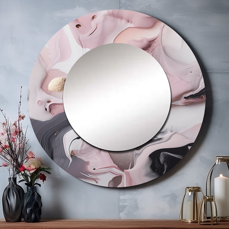 Peinture de marbre Pennye III - décor de miroir mural unique en marbre, grand miroir rond rose, impression d'art en métal