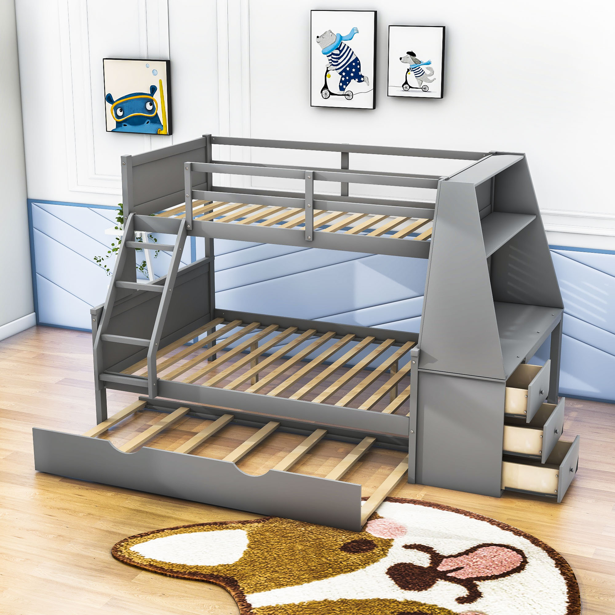 Harriet Bee Fahira Twin Over Full 3 Drawer Standard Bunk Bed with Built ...
