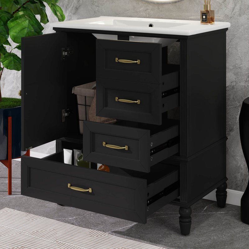 Meuble-lavabo de 30 po avec lavabo, armoire en bois d'acacia et panneau de fibres à densité moyenne avec porte à fermeture douce et 3 tiroirs, patins réglables