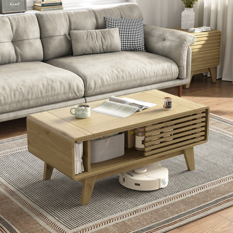 Denicka Mid-Century Modern Coffee Table with Storage,Lift Top Coffee Table with Slatted Sliding Door for Living Room,Walnut