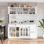Buffet autoportant de 63 po de largeur avec huche, grande armoire de rangement pour bar à café avec 6 tiroirs, 5 armoires avec tablettes réglables, panneau perforé, porte-serviettes, prise de courant, blanc