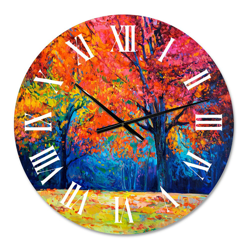Arbre rouge vibrant dans un paysage d'automne - horloge murale traditionnelle, Surdimensionné