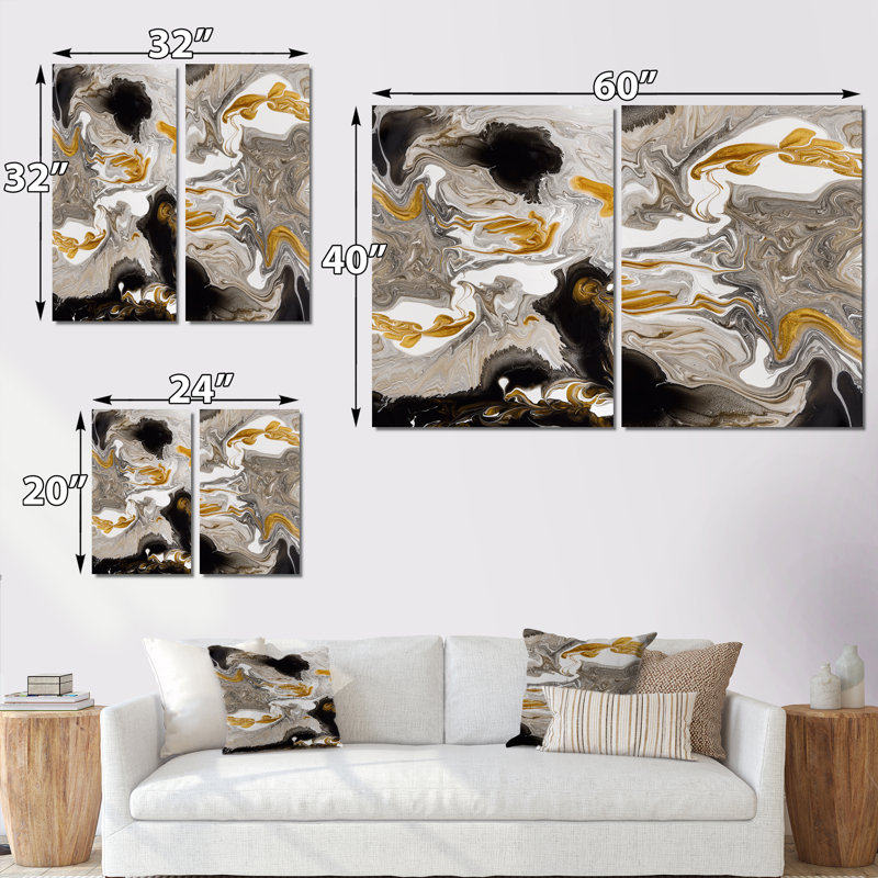 Vague de marbre doré et noir I - ensemble d'art moderne de 2 pièces, H 20 po x l 24 po x P 1 po