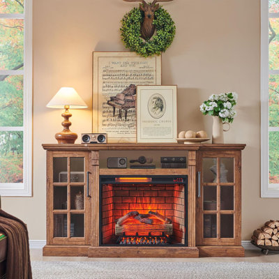  65" Farmhouse Fireplace TV Stand, Entertainment Center w/28" Electric Fireplace & LED Lights, Real Fire Cracking Sound,