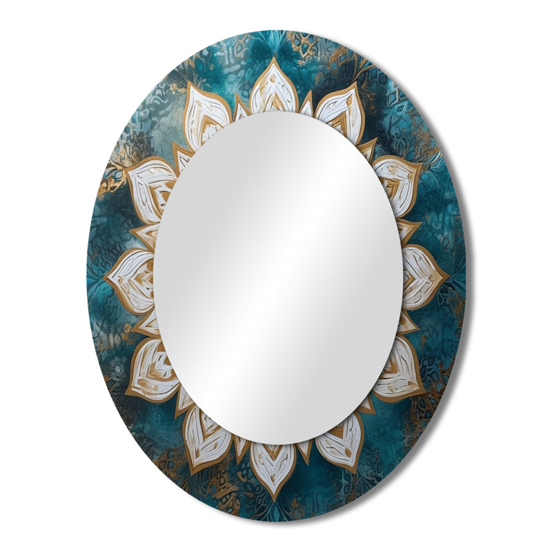 Teal And Gold Mandala II - Large Oval Wall Mirror On Metal, 43" x 33"