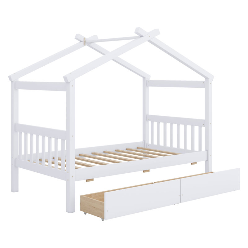 Wooden House Bed With Drawers, White, Twin