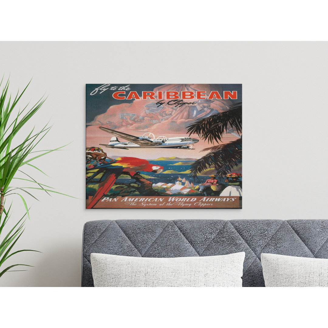 Caribbean Travel Poster Canvas Wall Art, Vintage Airplane Decor, Gallery Wrapped Print, Ready to Hang, Archival Quality, Tropical Island Art