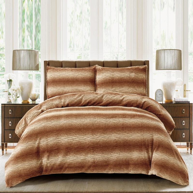 3 Piece Faux Fur Duvet Cover Set, Queen Duvet Cover + 2 Queen Shams, Orange