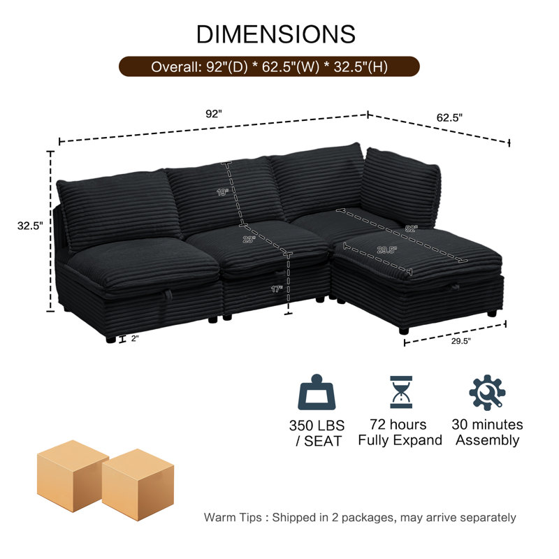 2-Seat Sectional Sofa with Hidden Storage and Ottomans, Black Corduroy