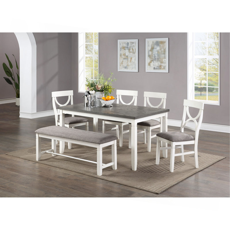 Dining Room Furniture White 6Pc Dining Set Table 4 Side Chairs And A Bench Rubberwood MDF