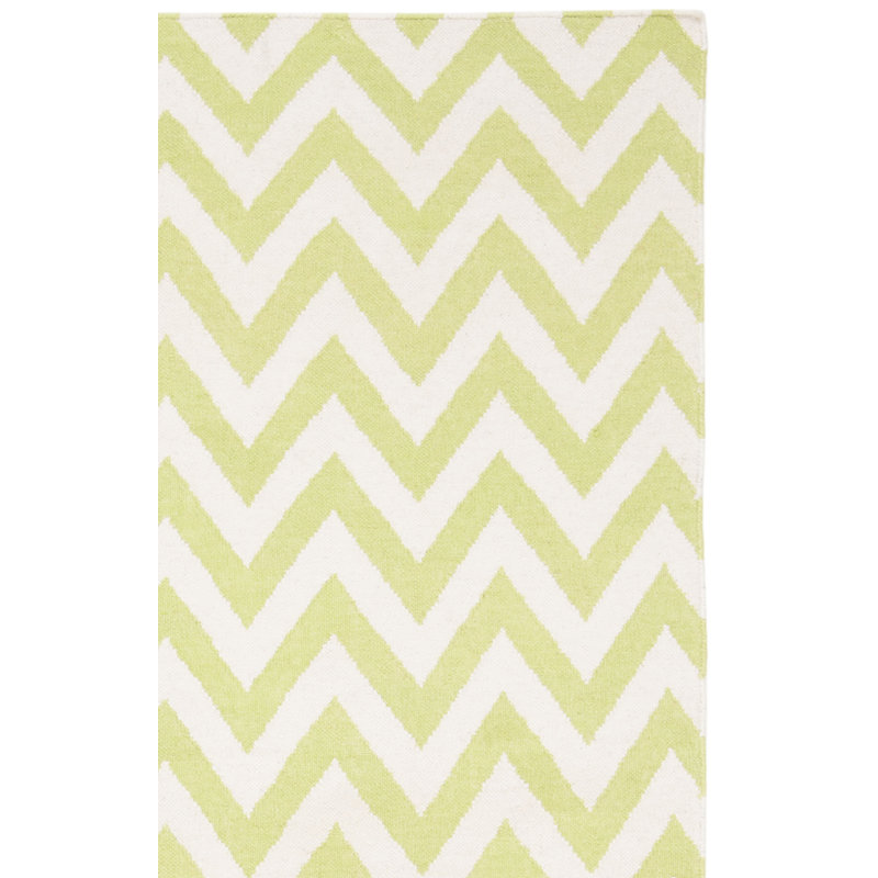 Dhurries Hand Woven Flat Weave Wool/Cotton Chevron Rug in Green/Ivory, Rectangle 3' x 5'