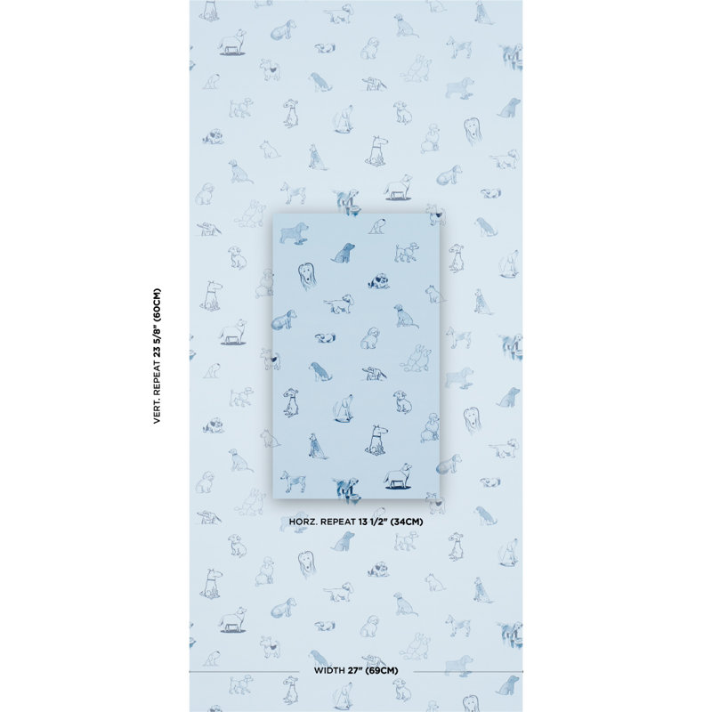 Papier peint Schumacher X The New Yorker Good Dogs Everywhere, Bleu ciel / bleu marine
