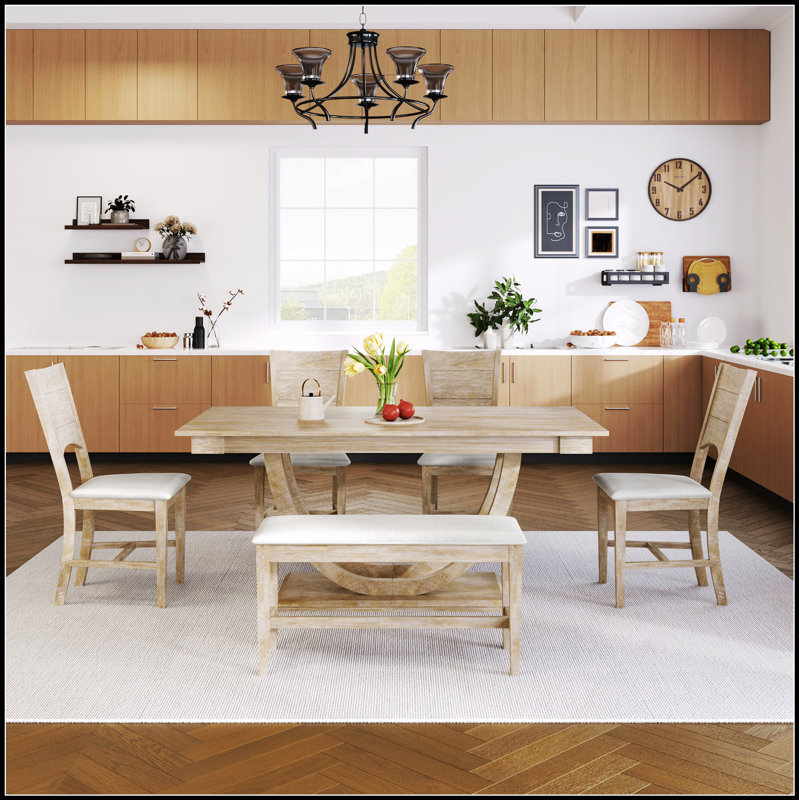 Ensemble de table de salle à manger en bois massif 6 pièces avec banc long et 4 chaises rembourrées, design moderne et traditionnel