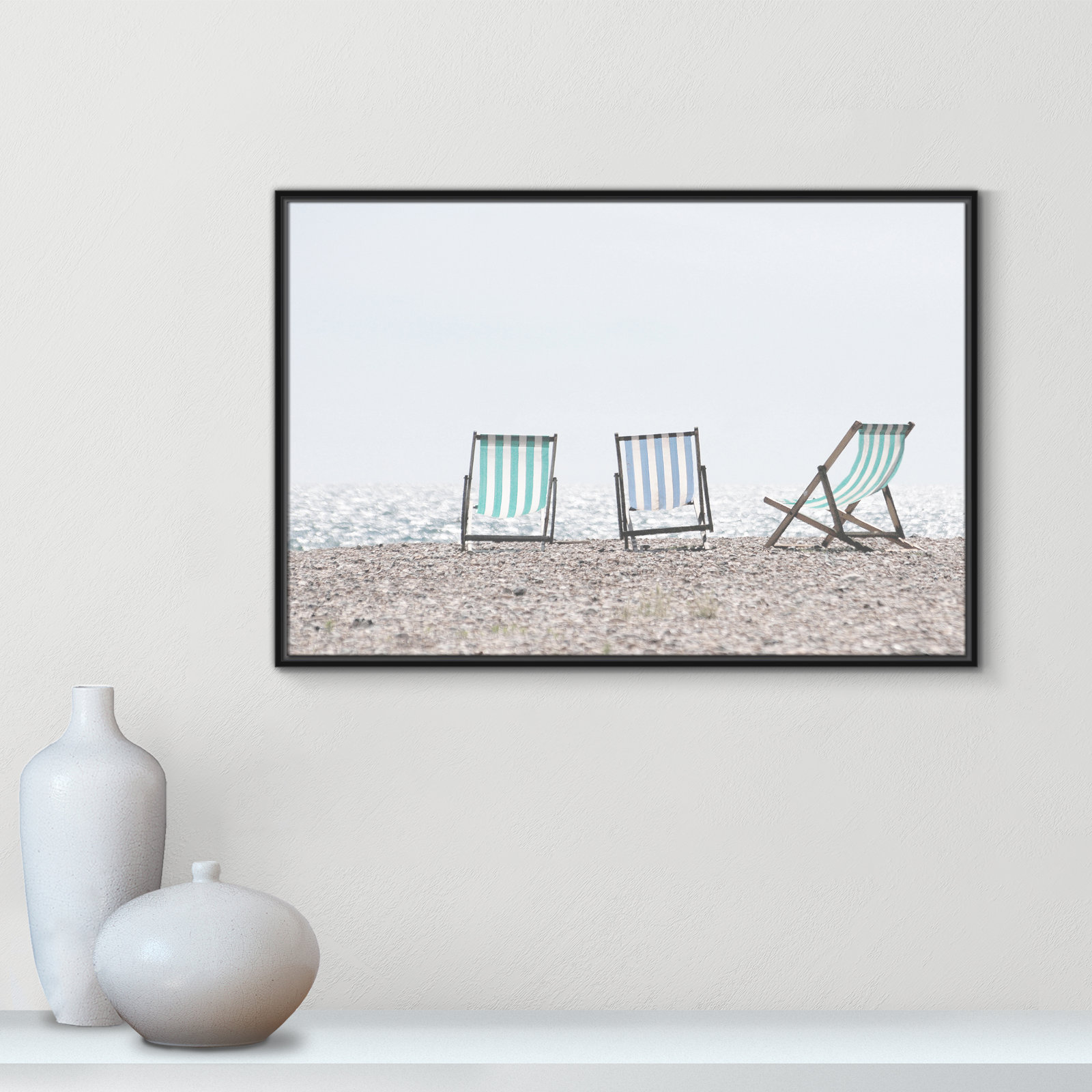 Adriatica "Beach Chairs" Print, 25.5" H x 37.5" W x 2" D, Black Framed Canvas