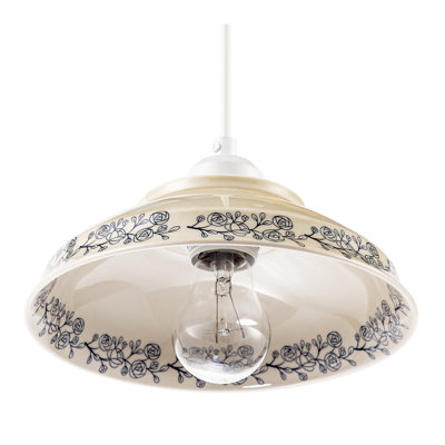 Cream Gloss Ceramic Pendant Light Shade With Navy Blue Floral Design By 