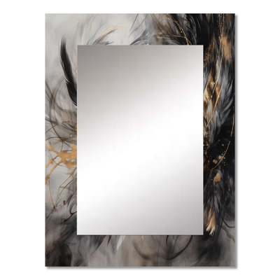 Gold And Black Expressions Of Freedom I - Boho Feather Large Mirror, Traditional Unique Wall Mirror Decor, Printed Metal Art