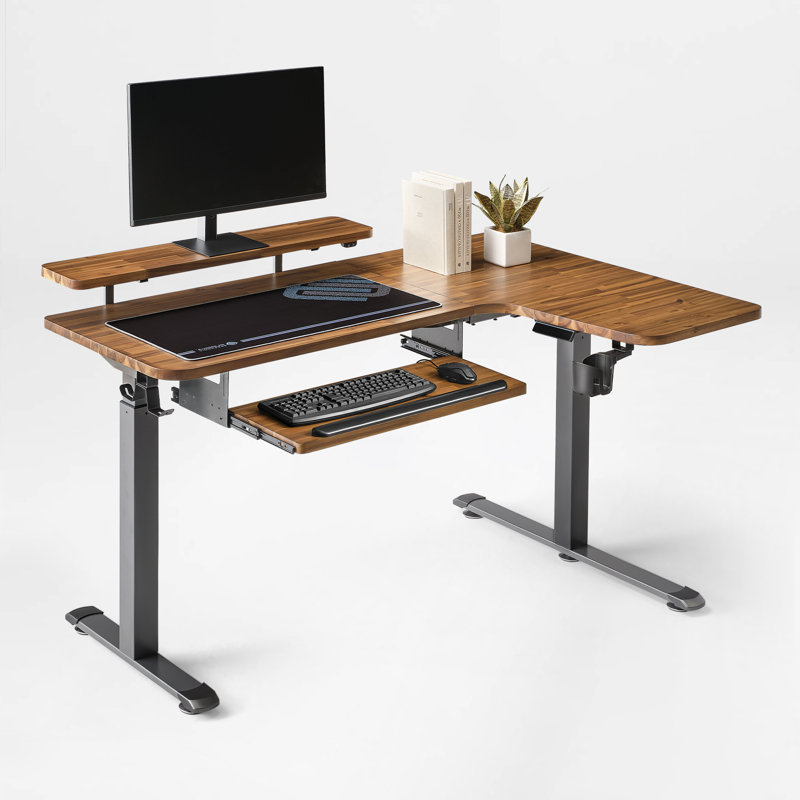 Modern Solid Wood L-Shaped Dual-Motor Electric Height-Adjustable Desk, Right Hand Return, Dark Acacia Wood/Black