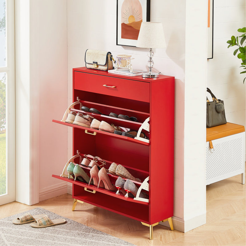 2 Flip Drawers Shoe Storage For Hallway - Red, , Space Saving Organizer Cabinet Entryway, Saving,, Red