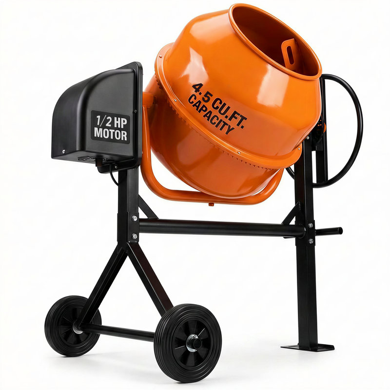 4.5 Cu. Ft. Portable Electric Concrete Mixer Steel Drum With Wheels, Black/Orange