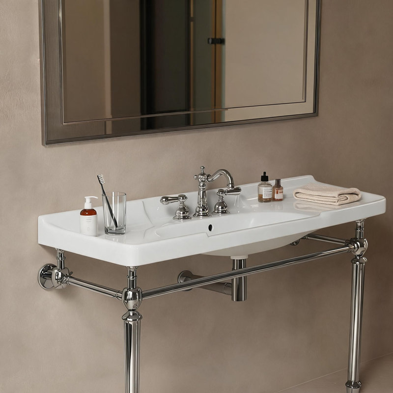 Lavabo de salle de bain en céramique blanche de 122 cm (48 po) avec trois trous prépercés pour robinetterie et trop-plein