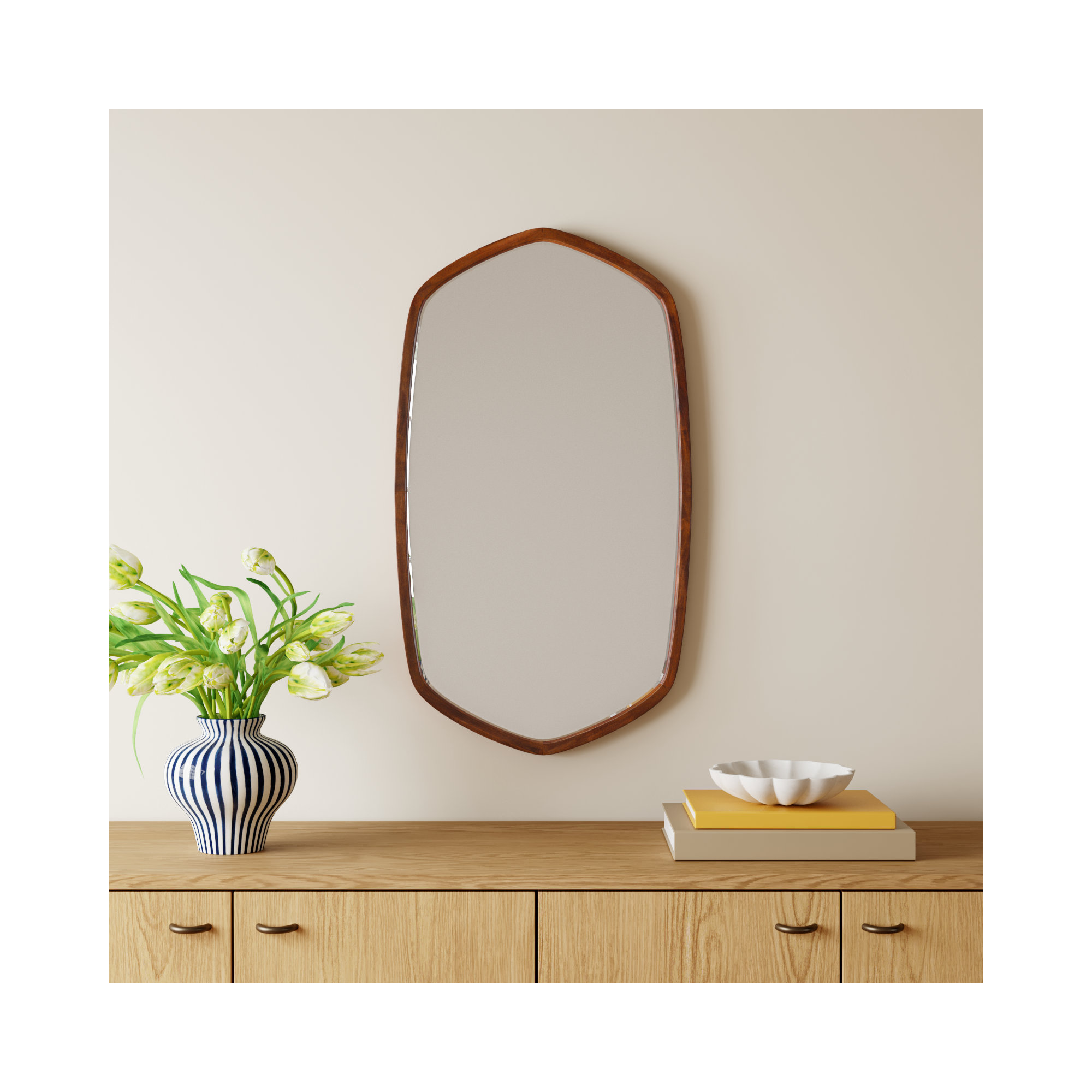 Glover Wood Hexagon Mirror, 36" x 20", Horizontal and Vertical, Walnut Brown