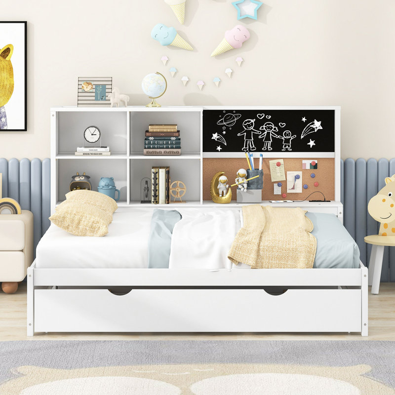 Lit de jour avec tablettes de rangement, tableau noir, tableau de liège, ports USB et lit gigogne, Complet/Double
