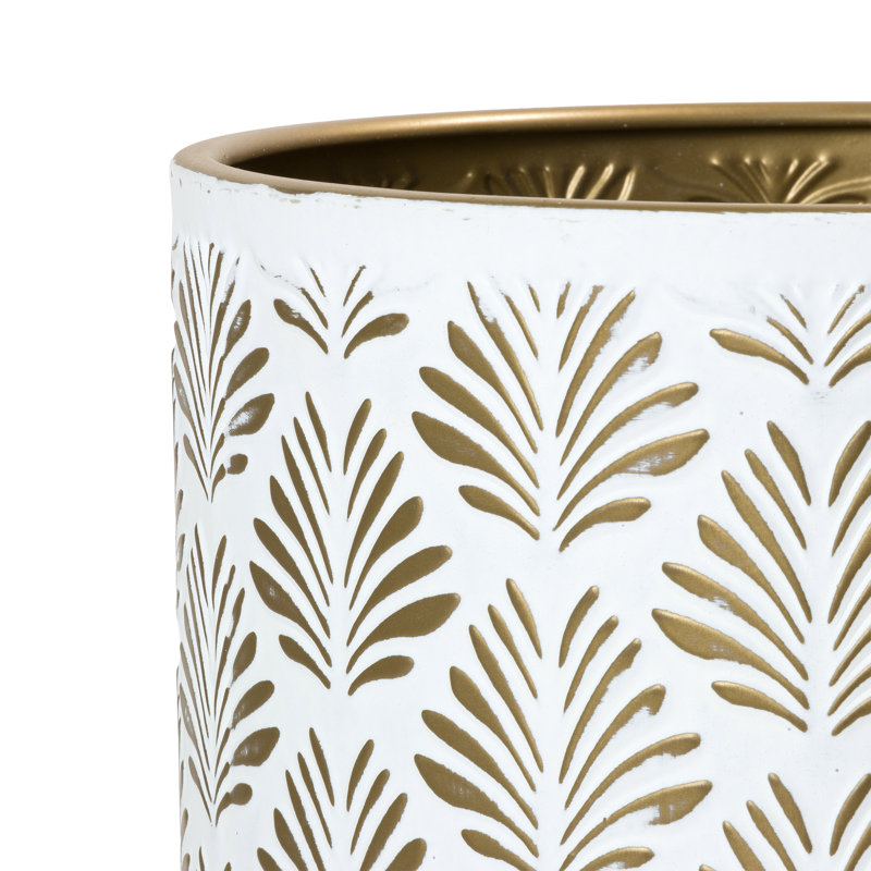 White and Gold Metal Planter Pot with Wooden Base