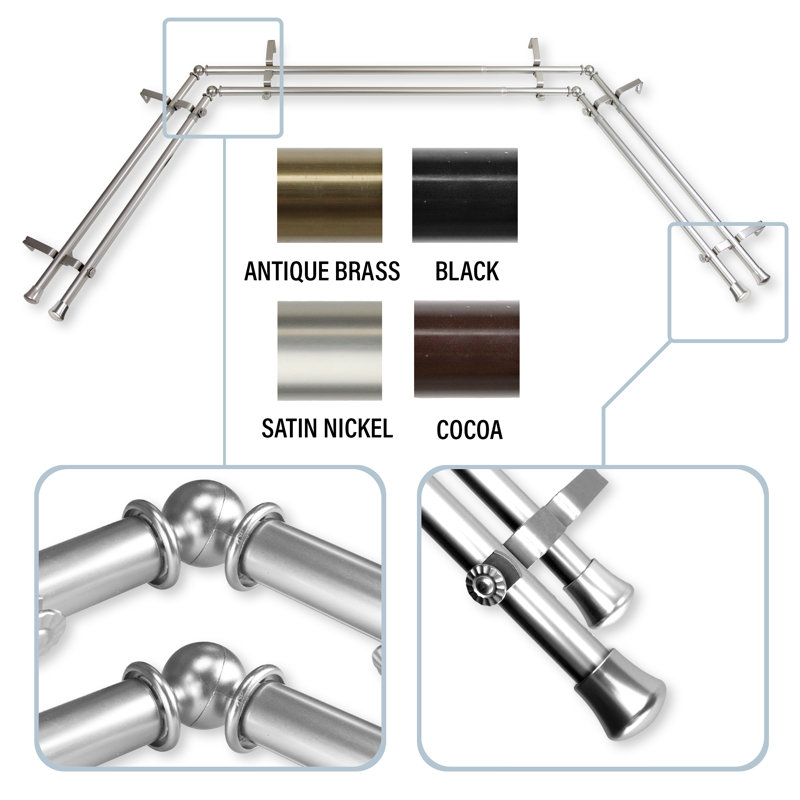 Steel Adjustable 0.75'' Bay Window Double Curtain Rod, Black