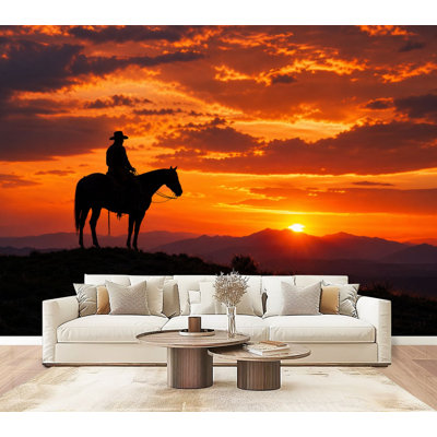 Papier peint mural autocollant de style western avec silhouette de cheval et coucher de soleil sur les montagnes, motif cowboy et cheval. Décoration murale moderne pour chambre ou salon, 175 cm x 244 cm.