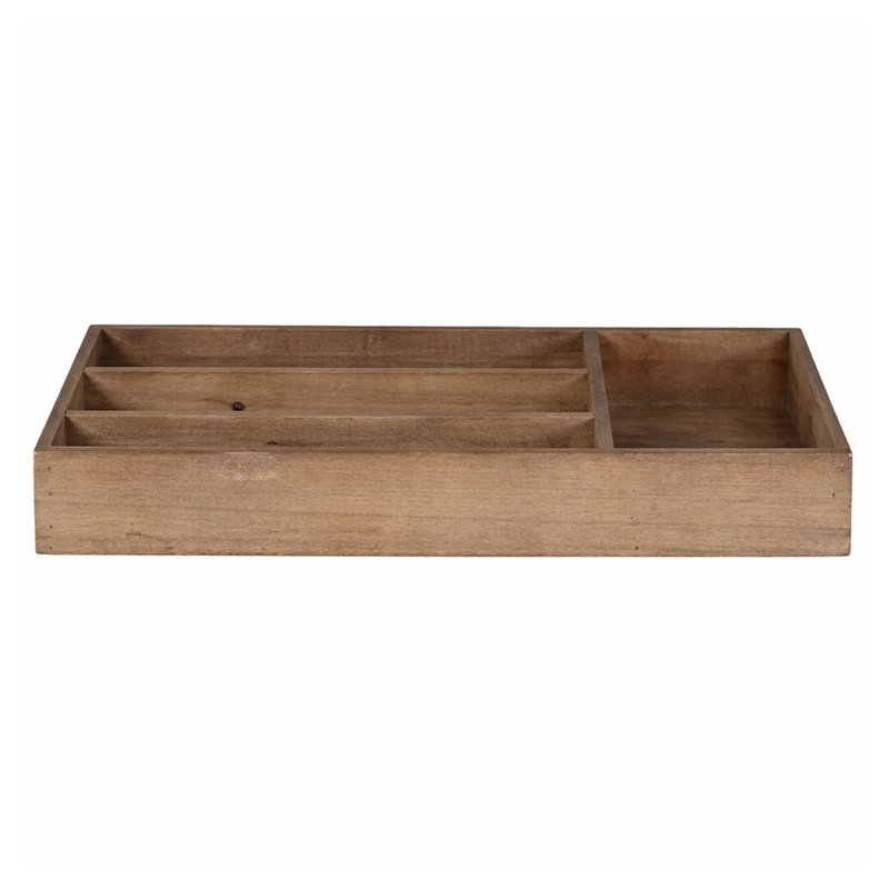 Decorative Organizer Tray With 4 Compartments, 16 Inch Brown Fir Wood