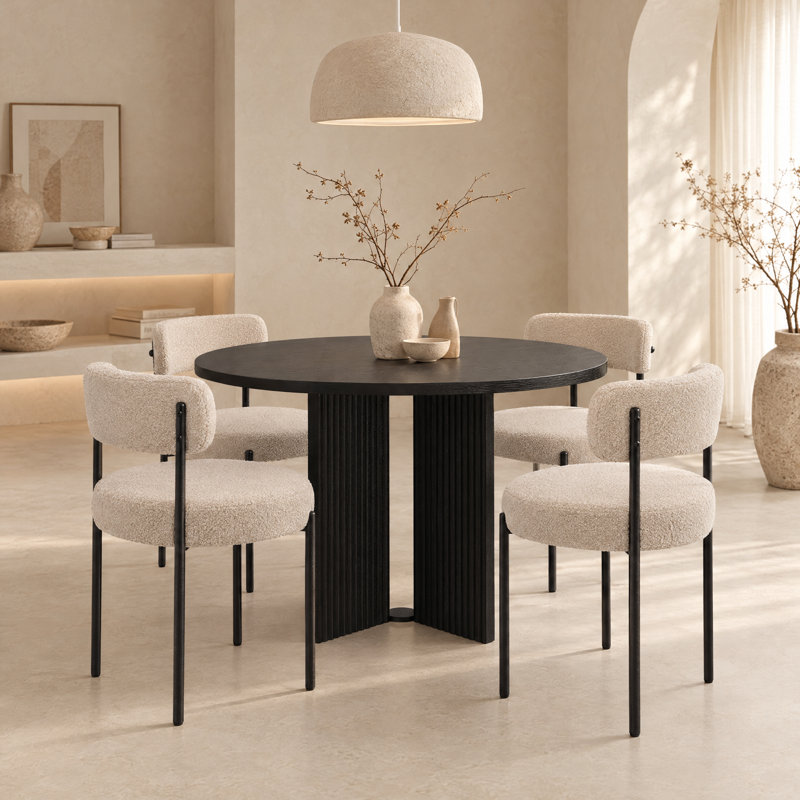 5-Piece Modern Round Dining Table Set With 4 Boucle Upholstered Chairs, Black, Beige