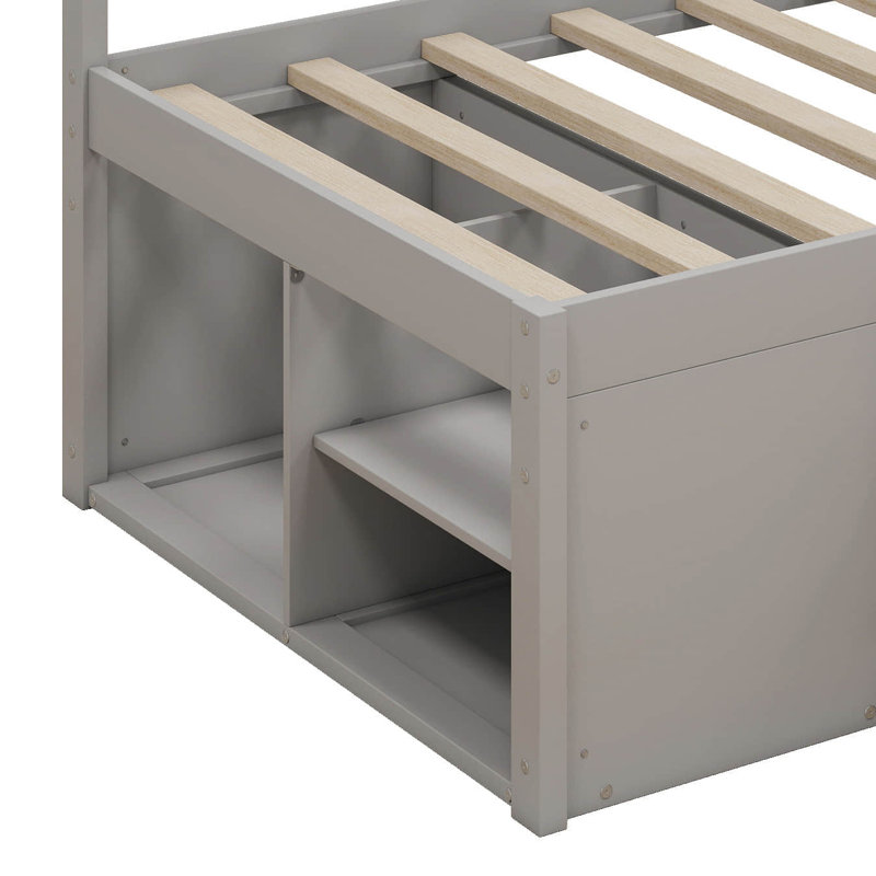 Lit de jour simple avec 4 tiroirs et tablettes de rangement, cadre de lit plateforme en bois avec tête de lit en L, lit d'angle