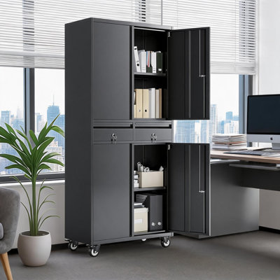 Armoire de rangement en métal 72 po avec 2 tiroirs et 4 portes verrouillables, tablettes réglables en acier laminé à froid pour le garage et le bureau, noir