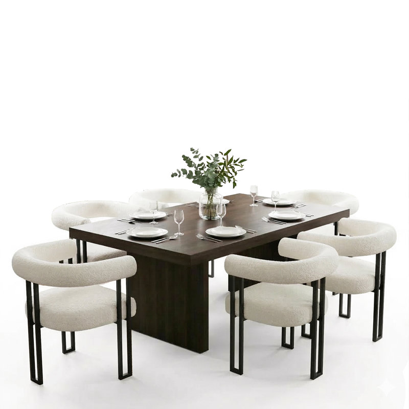 Modern Boucle Upholstered Dining Chairs, Curved Open-Back Armchairs With Black Metal Legs, 6
