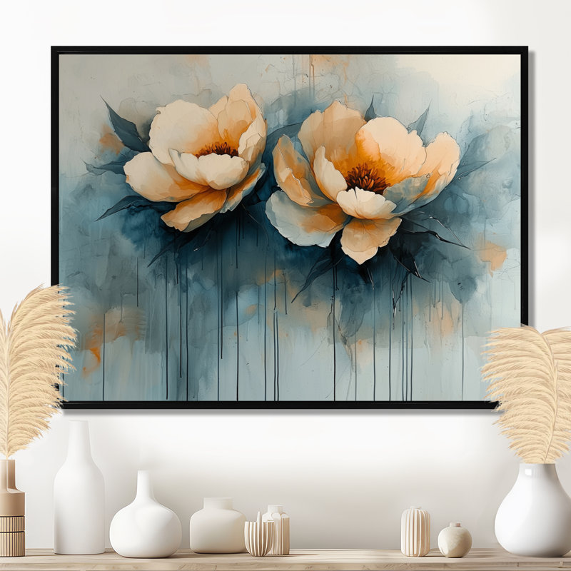 «Ikran Abstract Aqua Peony Bloom In The Breeze II», pivoines, art mural, Noir, Impression encadrée flottante