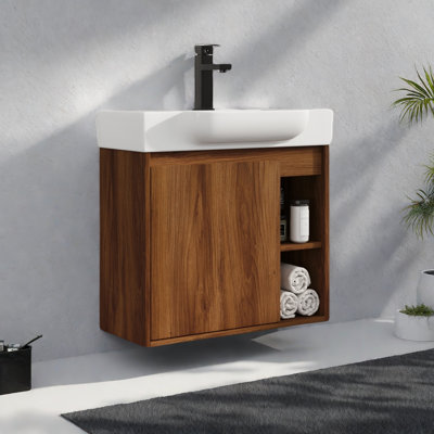 Wall-Mounted Bathroom Vanity With White Ceramic Sink & Soft-Close Door