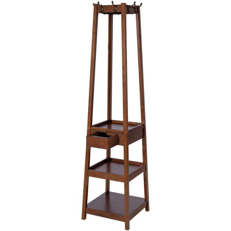 Eberhardt 8 - Hook 70.2" H Wooden Coat Rack Stand, 3 Storage Shelves and Drawer, Heavy Duty Hall Tree, Coffee