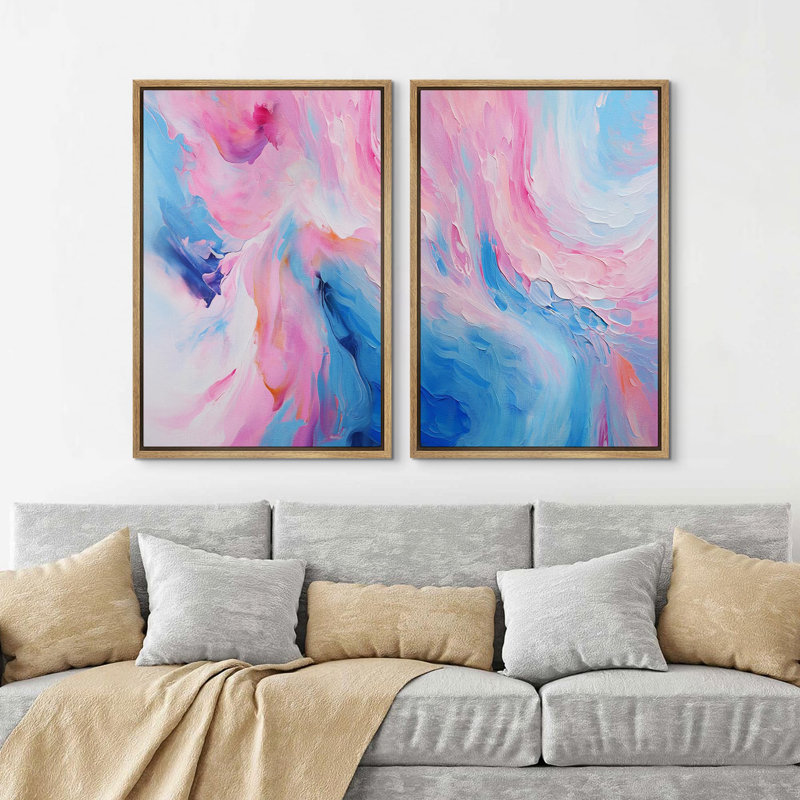 «Serene Pink and Blue Swirls Calming Abstract», 2 pièces sur toile, Encadré naturel, H 24 po x l 16 po