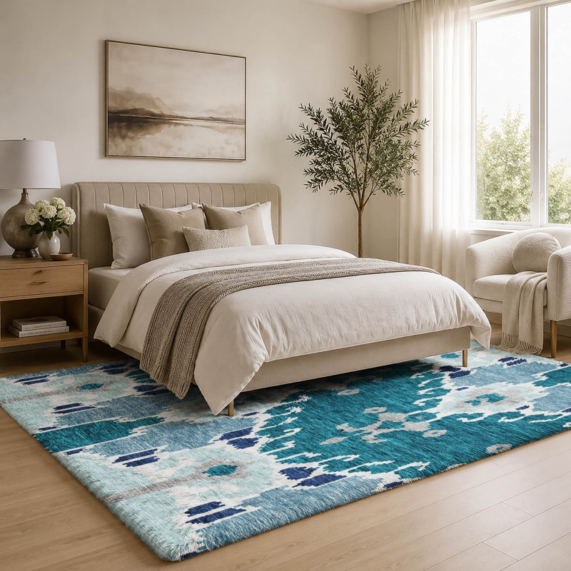 Washable Ikat Indoor Rug, Teal, 9' x 12'