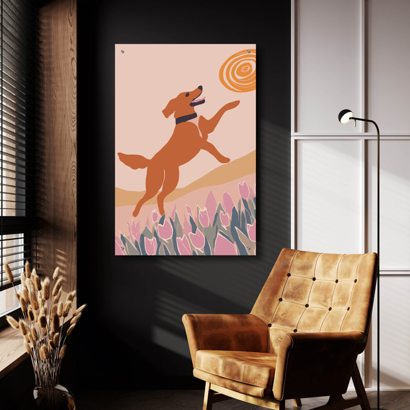 Art mural en verre épique «Frisbee Dog» par Andreas Magnusson, H 36 po x l 24 po x P 0,2 po