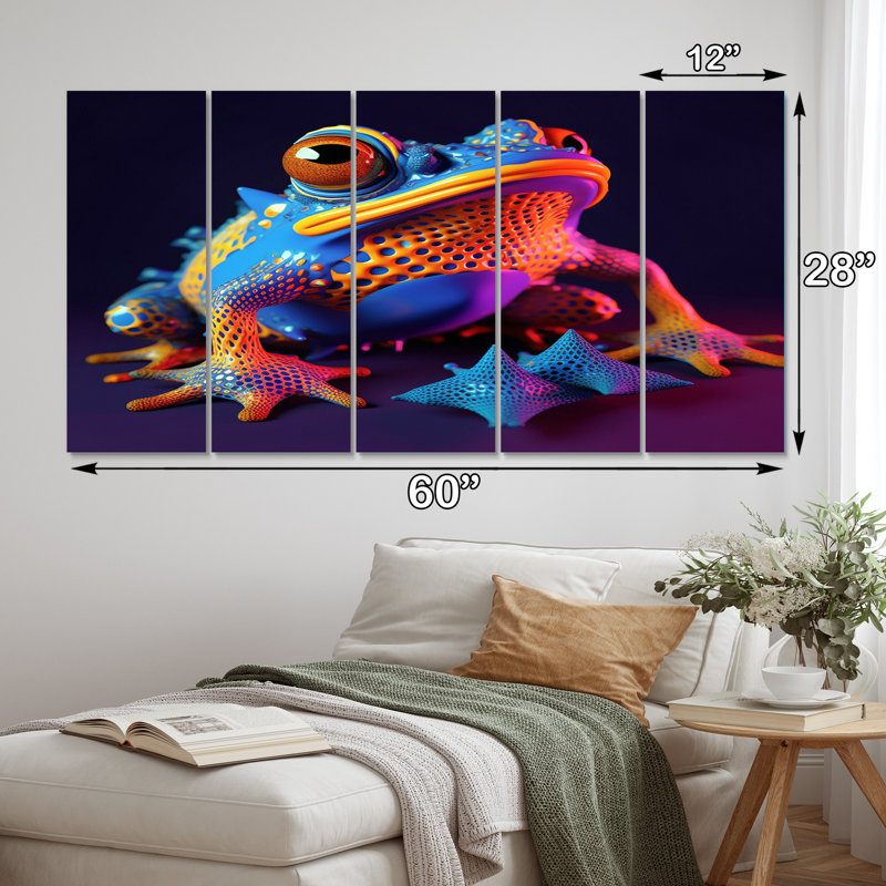 3D néon grenouille I - art mural toile grenouille animal - 5 panneaux égaux