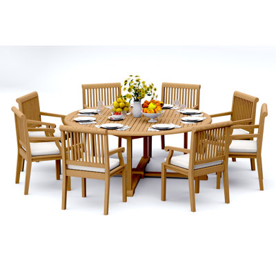 7 Pcs Grade-A Teak Wood Dining Set: 72" Round Table And 6 Sack Arm Chairs #11SK1706