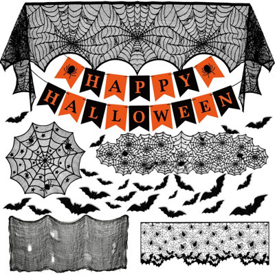 Ensemble de décorations d'Halloween pour l'intérieur, décorations de table d'Halloween 38 pièces pour l'intérieur, écharpe de cheminée, chemin de table, couverture de table, bannière d'Halloween, chauves-souris 3D, abat-jour et tissu effrayant pou