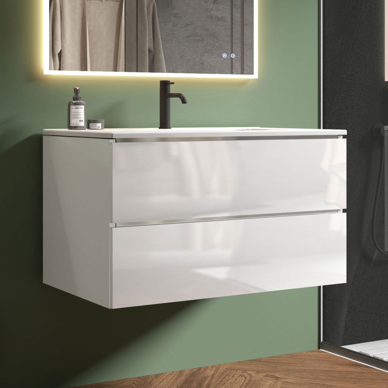 Kersha 36 Inch Single Bathroom Vanity with Ceramic Top with Overflow, Pre-Assembled, 36", White, Single Hole