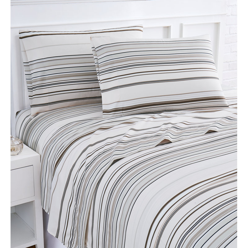 Twin Taupe Coastal Stripes Microfiber Sheet Set