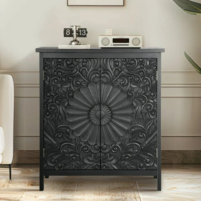 Armoire d'entrée en bois noir, buffet à double porte avec cadre à motif floral pour le salon et la salle à manger